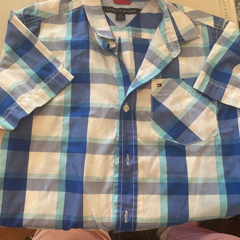 Tommy Hilfiger Blue and White Kids Button Down Shirt